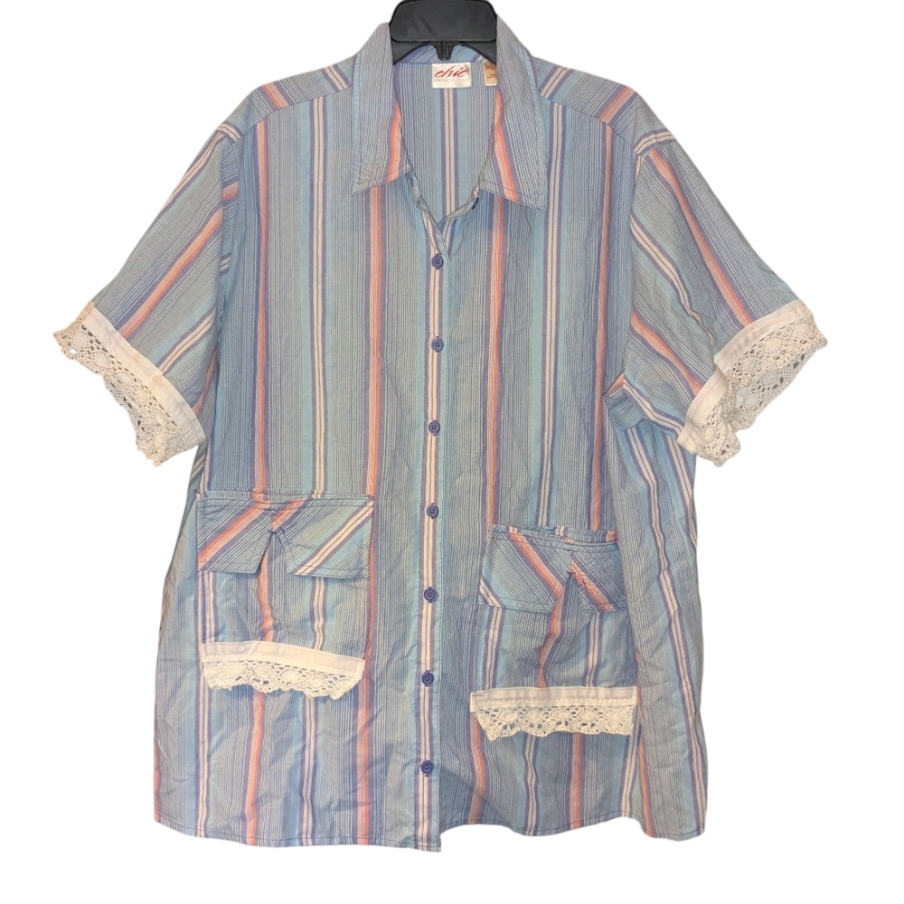 Womens Plus Size 3X Button Up Top Stripe Cottage Coastal Grandma Cottagecore